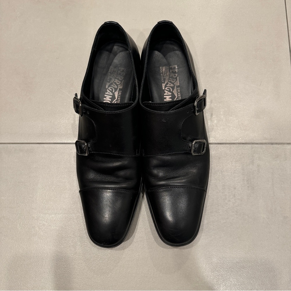 Ferragamo Tramezza double monkstrap black leather dress shoe - Size 8.5